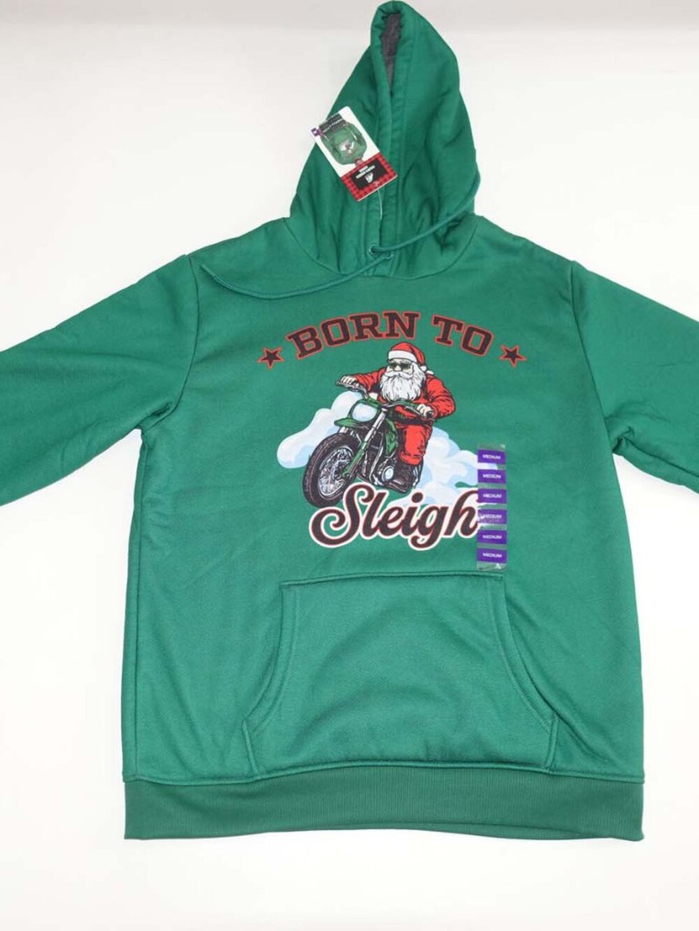 ADTN Men's Born To Sleigh Sweatshirt Medium NWT Green Santa Motorcycle Christmas